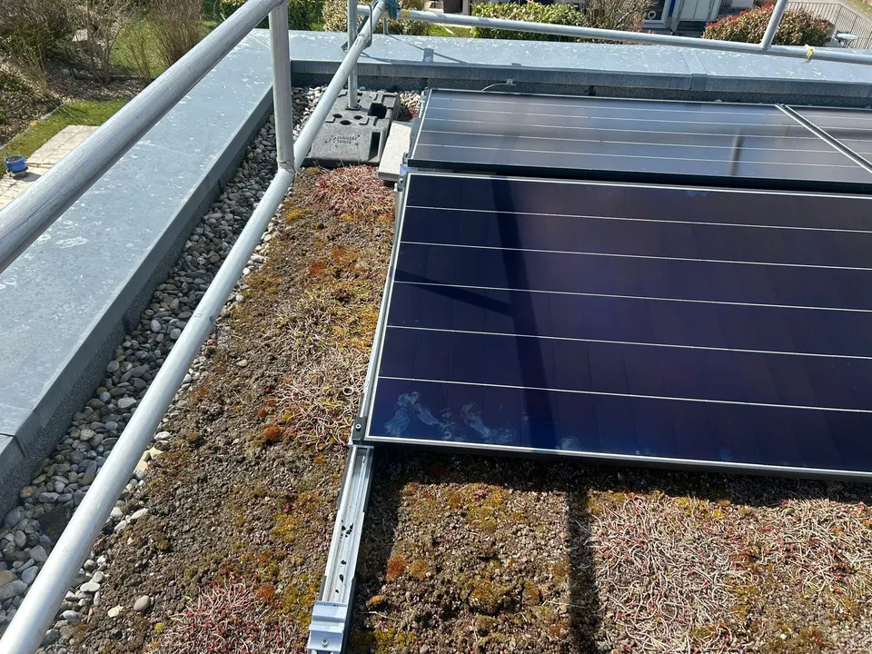 Modules solaires noirs sur le toit plat végétalisé d’une maison individuelle à Formengueires